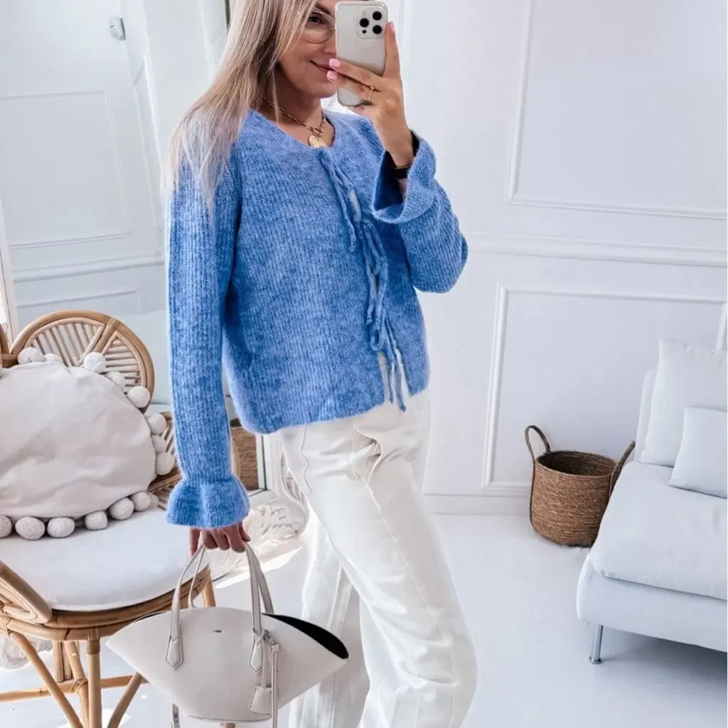 Combhasaki женский Y2K винтажный однотонный кардиган с бантом спереди и завязками