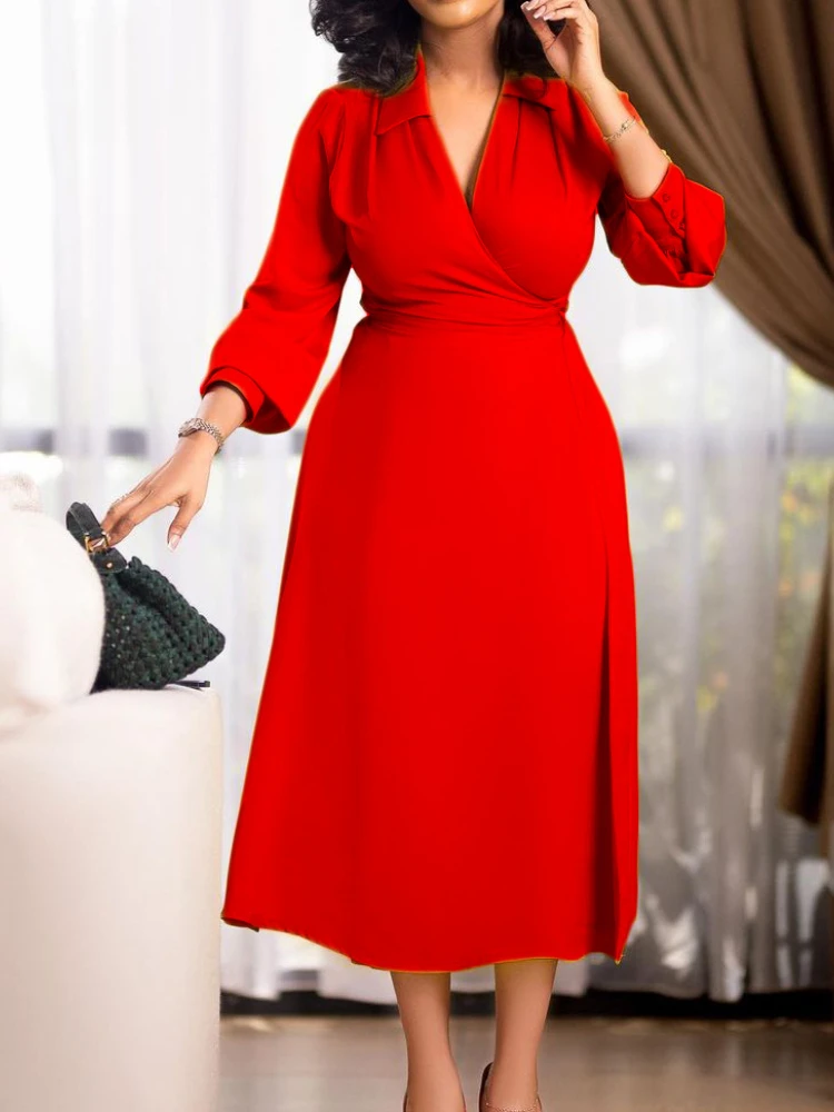 

Large Size Dress Women Elegant Solid Color Long Sleeve Shirt Dresses Sexy Lapel V Neck Midi Length Side Slit Office Lady Summer