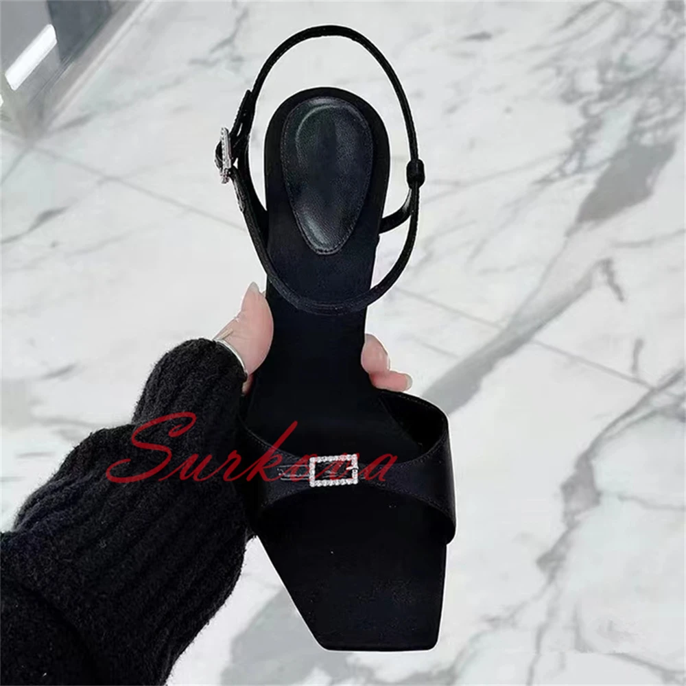 Black Satin Open Toe Sandals Rhinestone Square Buckle Fish Mouth Fashion Sandals Ladies Dress High Heels Shoes Women's Shoes New