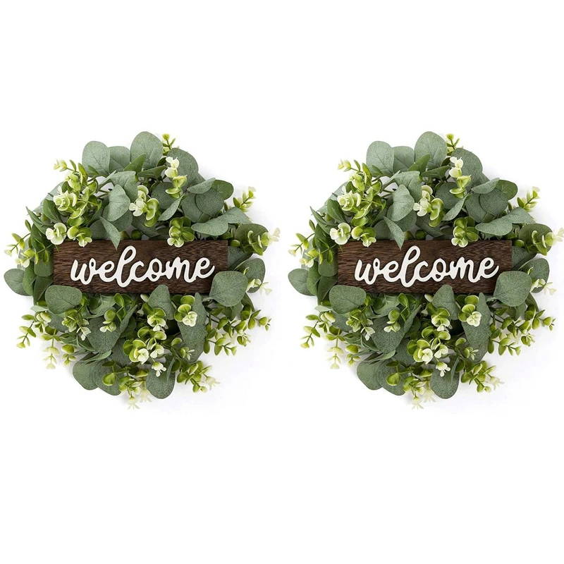 

2X Welcome Sign With Garland Door Decoration Wooden Hanging Sign With Artificial Eucalyptus Farmhouse Porch Decoration
