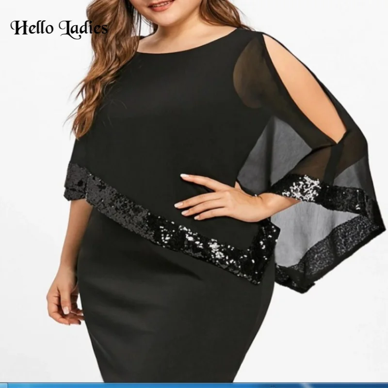 HL Plus Size Women Dress Solid Color Round Neck Irregular Sequins Patchwork Cold Shoulder Dress Hot Apparel Summer Dress Women