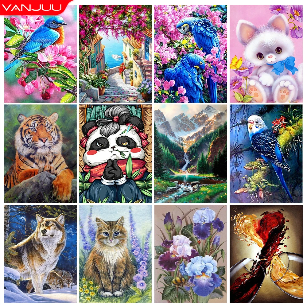 

Bird 5D DIY Diamond Painting Kit Landscape Cat Tiger Cross Diamond Embroidery Painting Full Round Diamond Mosaic Home Decor Gift