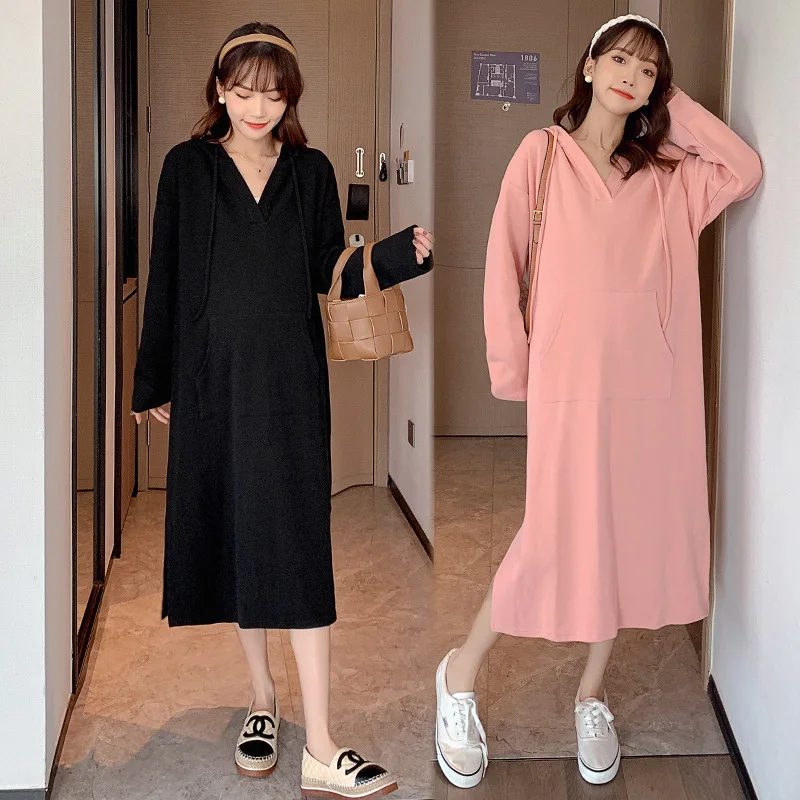 

Maternity Clothes Autumn Long Sleeve Hooded Straight Dress for Pregnant Women Spring Casual Pregnancy Clothing