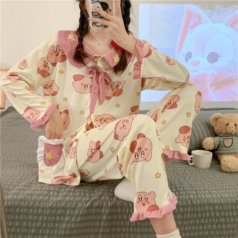 

New Cartoon Kirby Summer Pajama for Women Loungewear Kawaii Pochacco Kuromi Sleepwear Sets Lapel Pyjama Pijama Home Suit Gift