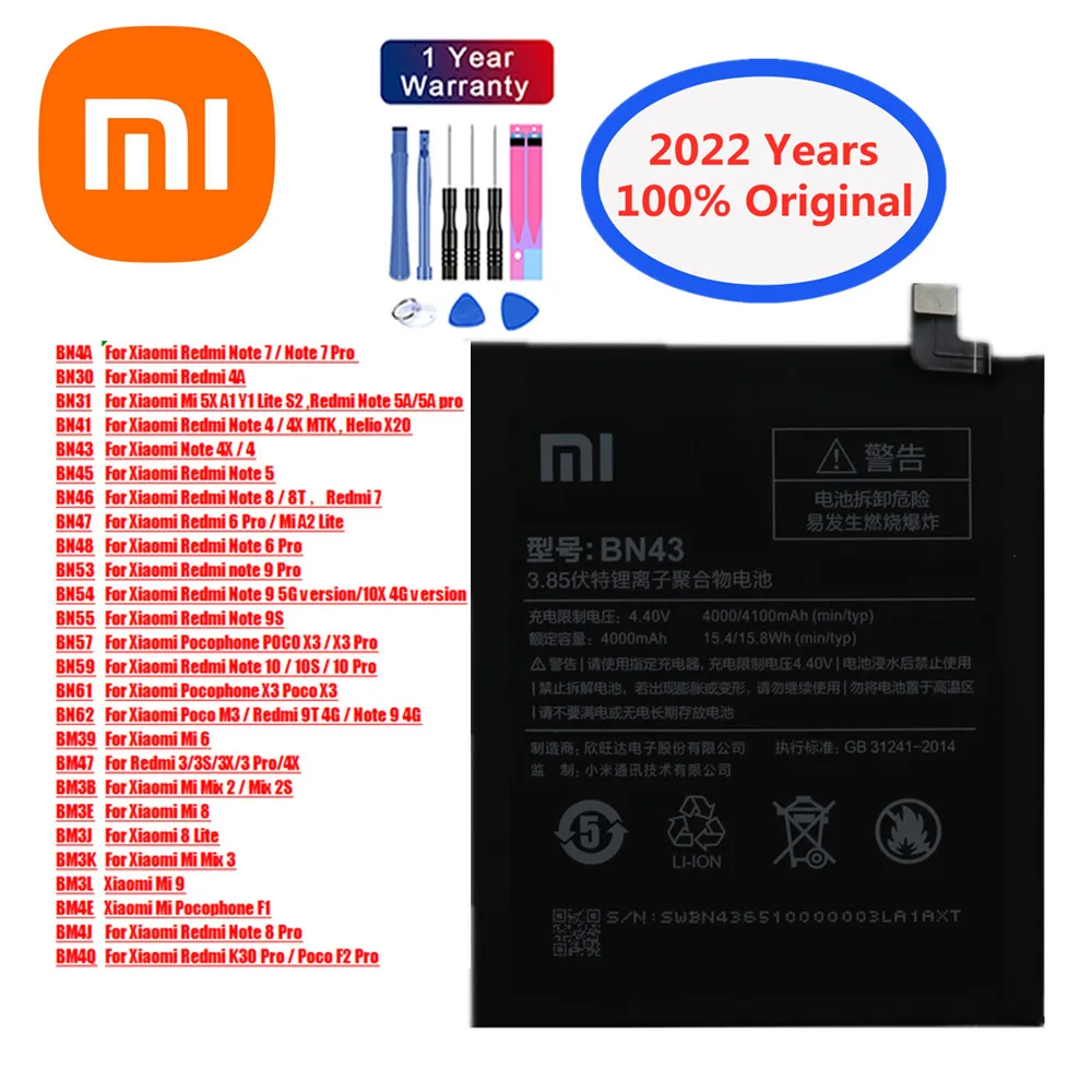 

Original Battery Xiaomi Mi Redmi Note 4 5 6 7 8 9 10 3X 4X 5X 10X 4A 5A 8T 9T 3S 9S 10S F1 F2 K30 Pro Lite Mix 2 2S 3 POCO X3 M3