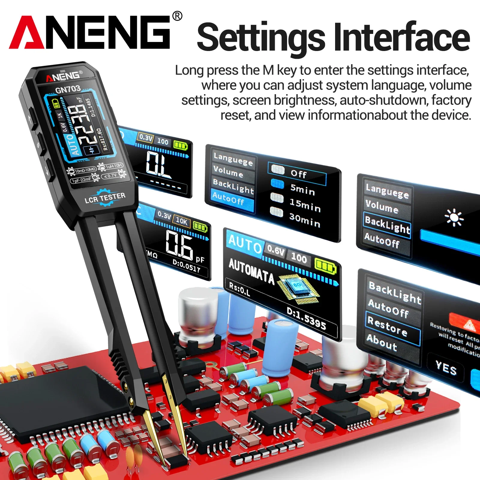 Фото Интеллектуальные пинцеты-измерители ANENG GN703 LCR 100 Гц/1 кГц/10 кГц для измерения ESR, емкости, сопротивления, индуктивности, инструмент для измерения SMD-компонентов. №4