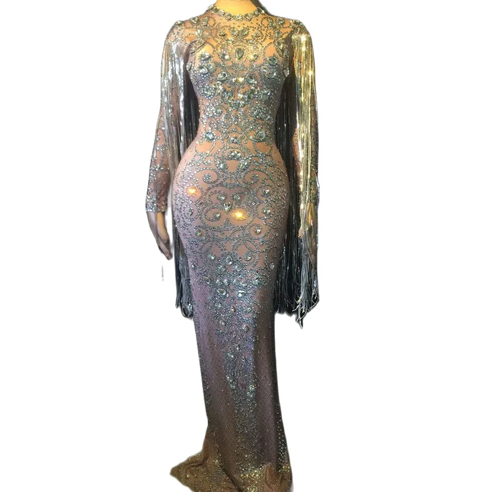 Блестящие серебряные бахрома с кисточками и стразами длинные женские платья