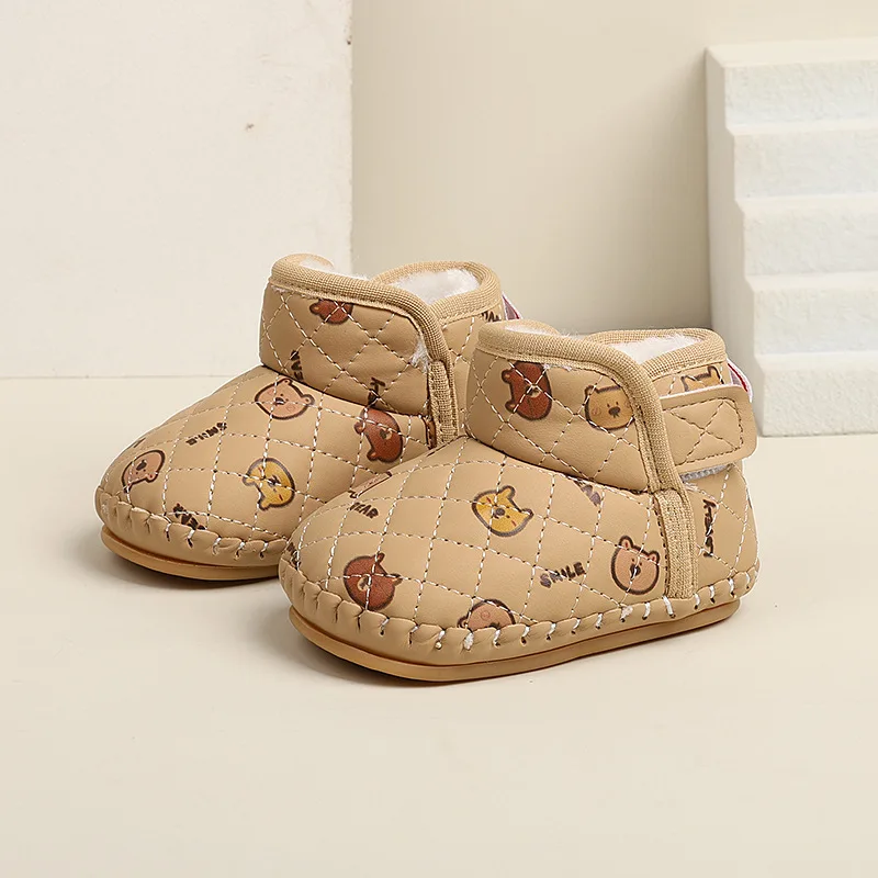 Зимние теплые плюшевые мягкие детские ботильоны из искусственной кожи с принтом