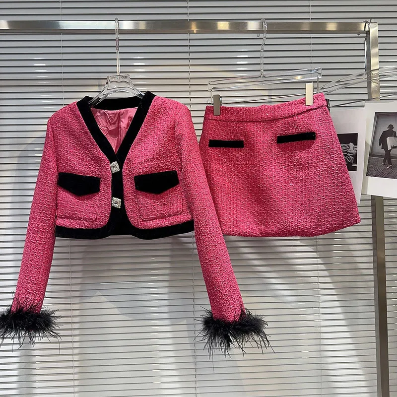 Женский комплект из двух предметов DEAT твидовая короткая куртка с манжетами и