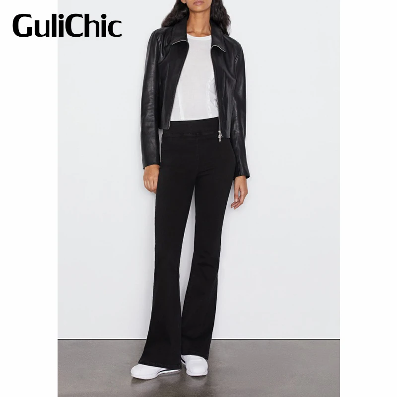 12.6 GuliChic Women Temperament Comfortable Keep Warm Thick Slim High Waist Fluffy Flared Jeans