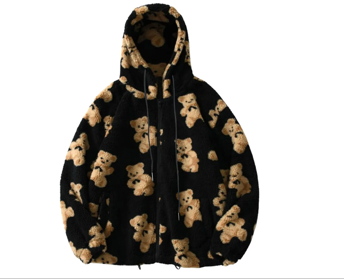 

Autumn and Winter Women's Hooded Thickened Casual Sweater Cartoon Pattern Bear Zipper Pocket Plush Sweater for Women