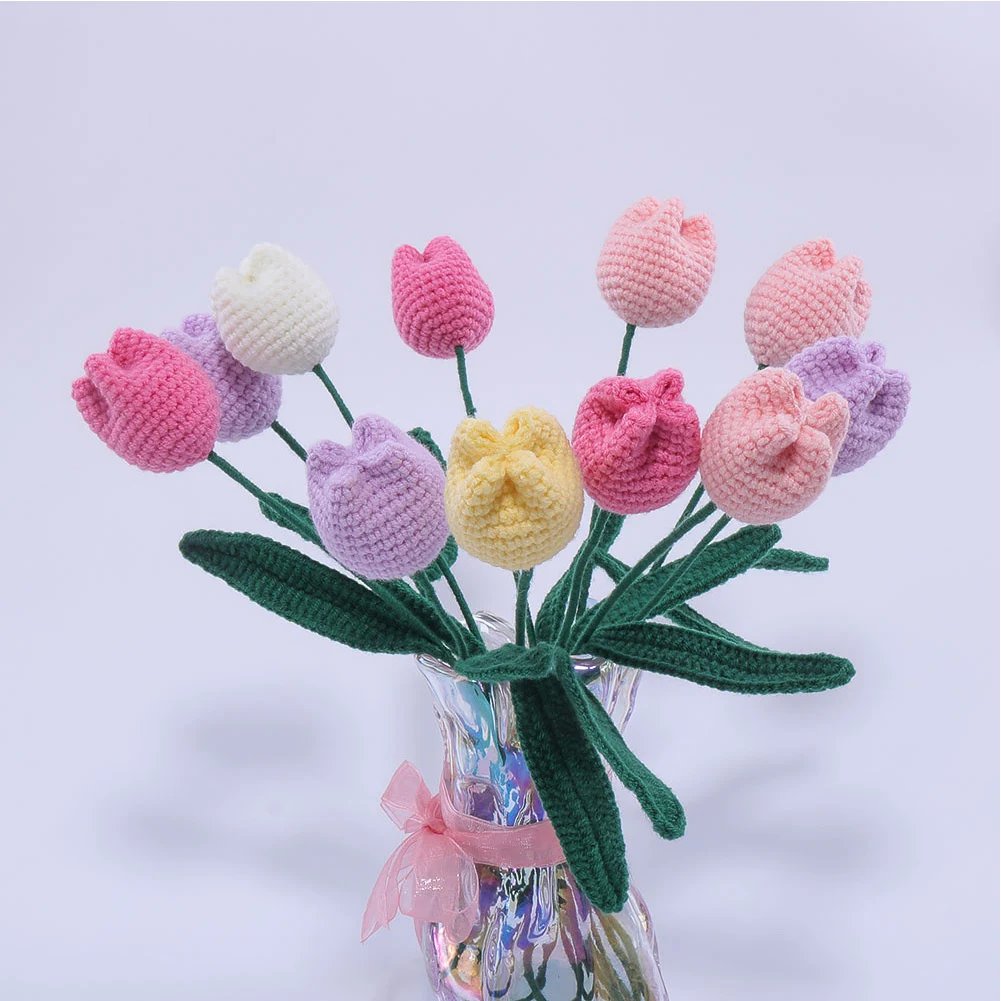 

1pcs Knit Flower Rose Tulips Fake Flowers Bouquet Wedding Decoration Hand-woven Home Table Decorate Creative Knitting Bouquet