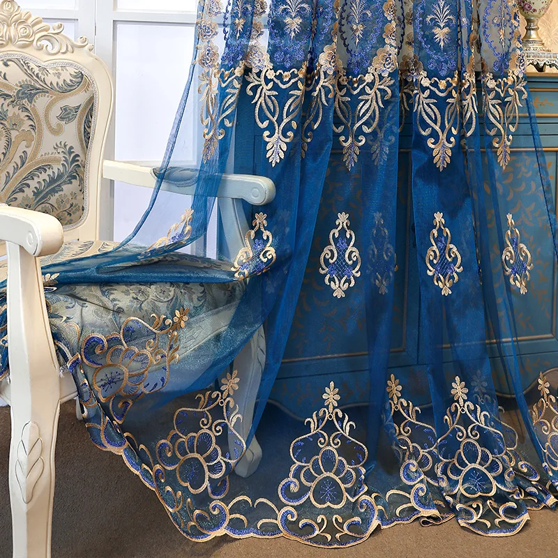 

Luxury Embroidered Sheer Curtains for Bedroom Royal Blue Gold Jacquard Floral Tulle for Farmhouse Gazebo Window Drapes