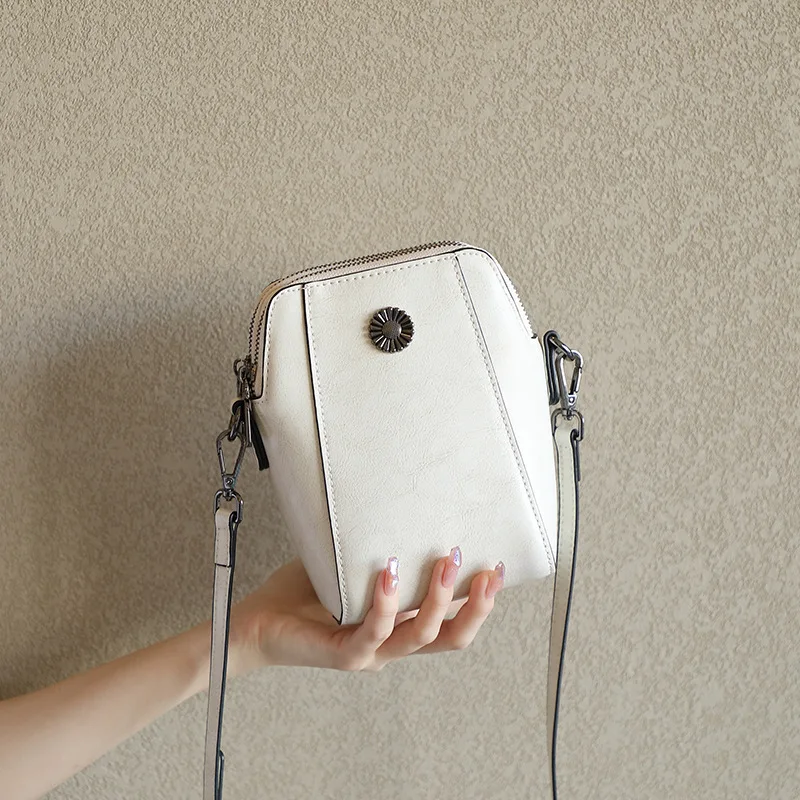 New Crossbody Mini Genuine Leather Retro Zipper Women's Mobile Phone Small Square Bag