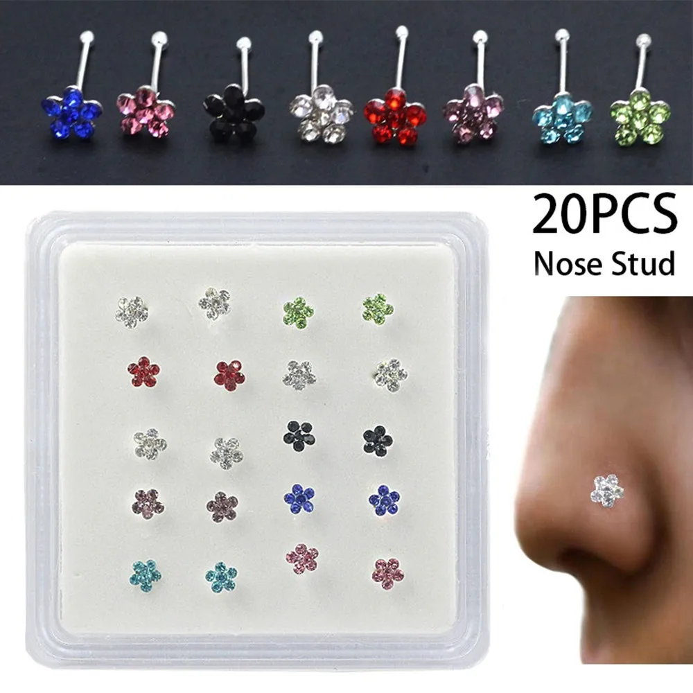 

Karnoz 20PCS Unisex Plum Flower Rhinestone Nose Stud Hoop Sparkly Nose Ring Body Piercing Best Gift for Her Sparkly Jewelry