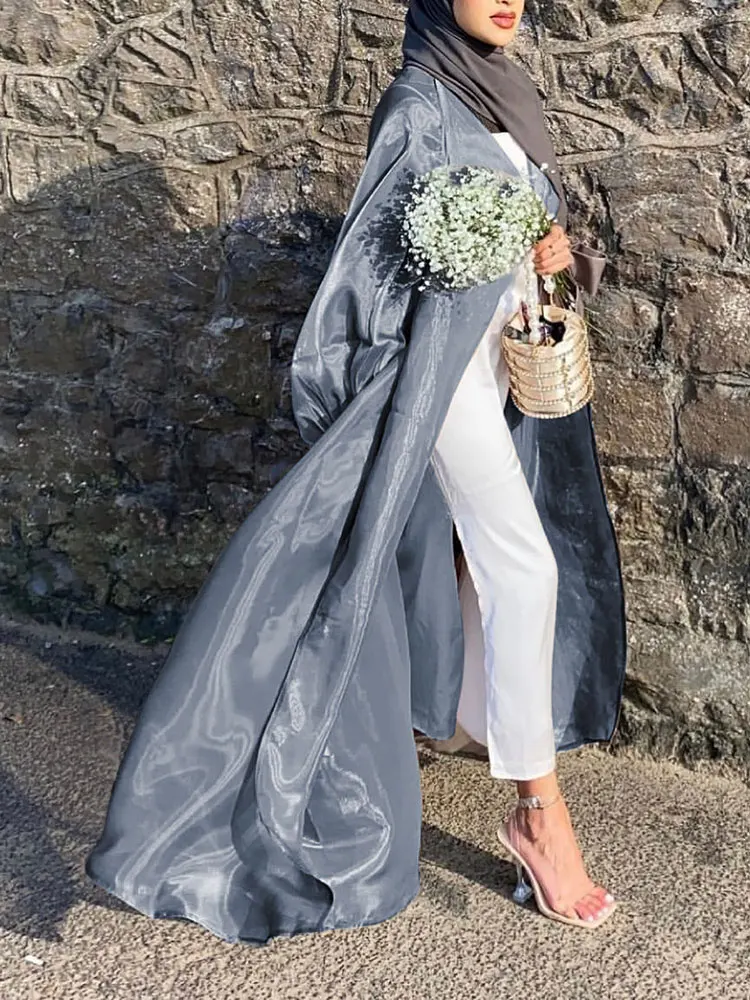 Блестящее кимоно Eid Open Abaya для женщин Летнее Длинное платье из органзы с пышными