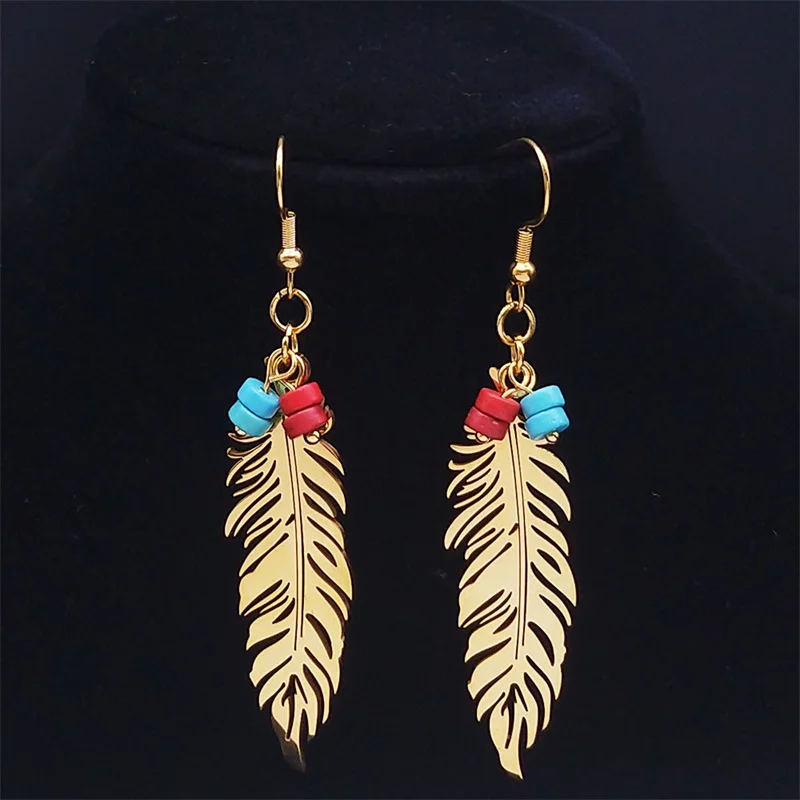

Boho Feather Beaded Dangle Earring Women Stainless Steel Bohemian Gold Color Ethnic Drop Earrings Jewelry Gift for Girl E4630S04