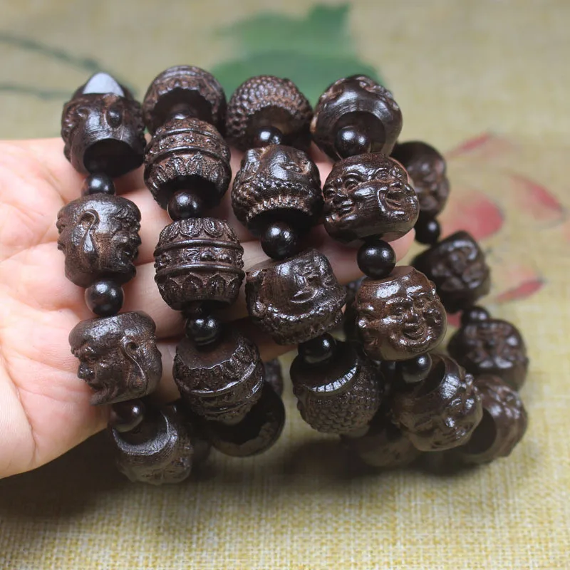 Natural Coffee Hand Carving Buddha head Bracelets Men Handmade Tibetan Buddha Hand String Barrel Prayer Beads Bangles 20mm
