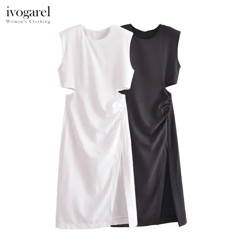 

Ivogarel Elegant Sleeveless Midi Dress Women's Chic Evening Dress with Cut-Out Detail Padded Shoulders and Slit Hem