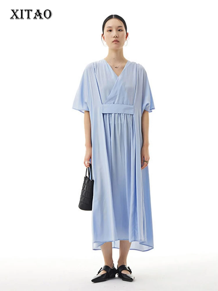 

XITAO плиссированное платье, модное однотонное, маленькое, свежее, повседневное, стильное, тонкое, богиня, веер, 2022, весеннее, свободное платье-...
