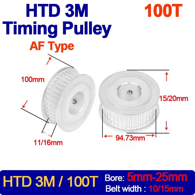

1PC 100Teeth HTD 3M Timing Pulley Teeth Pitch 3mm Bore 5mm-25mm For HTD3M Synchronous Belt Width 10/15mm 100T 100 Teeth AF Type