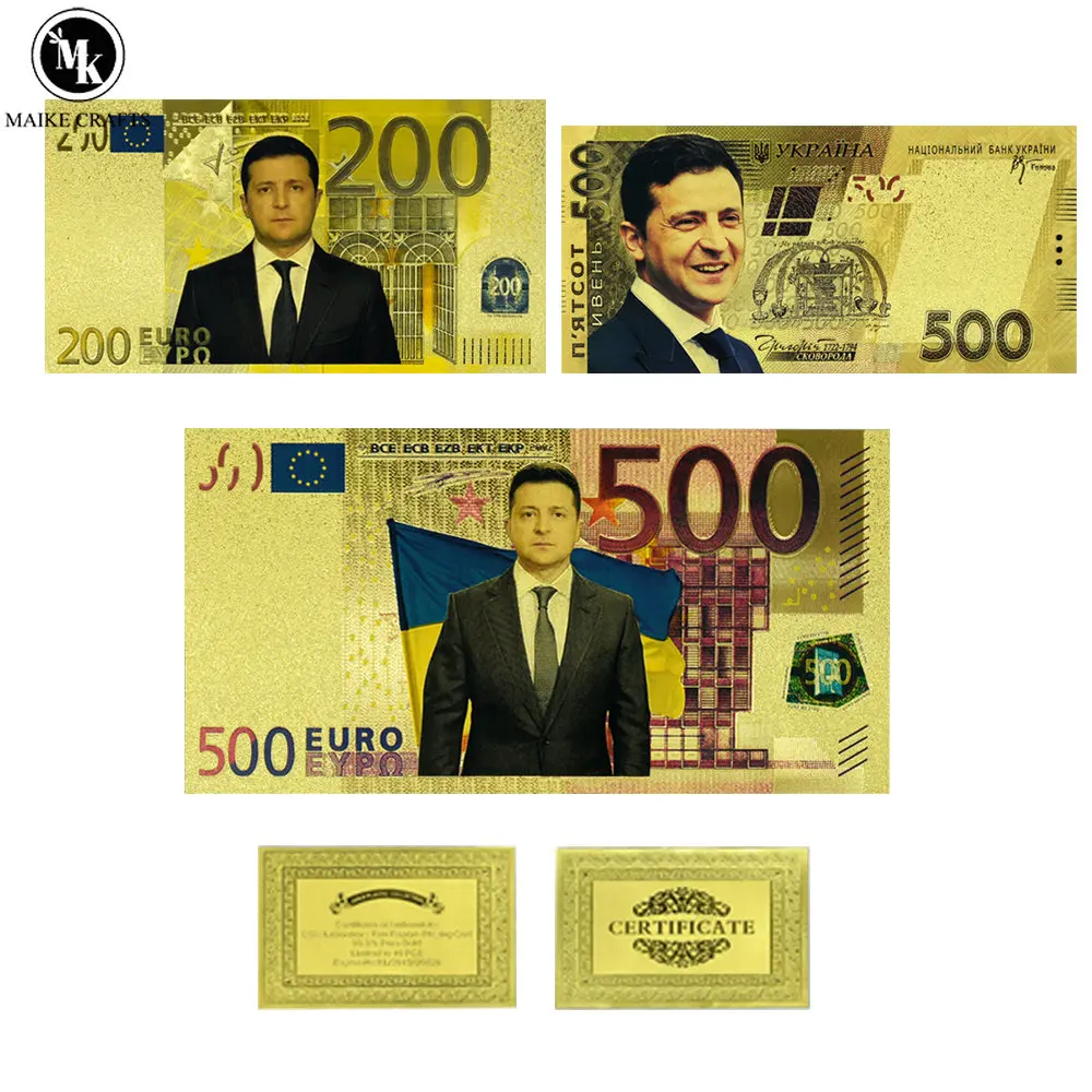 

10pcs/lot Ukrainian President Zelensky Gold Foil Banknotes 200/500 Euro Decorative Cards Collection Business Gift