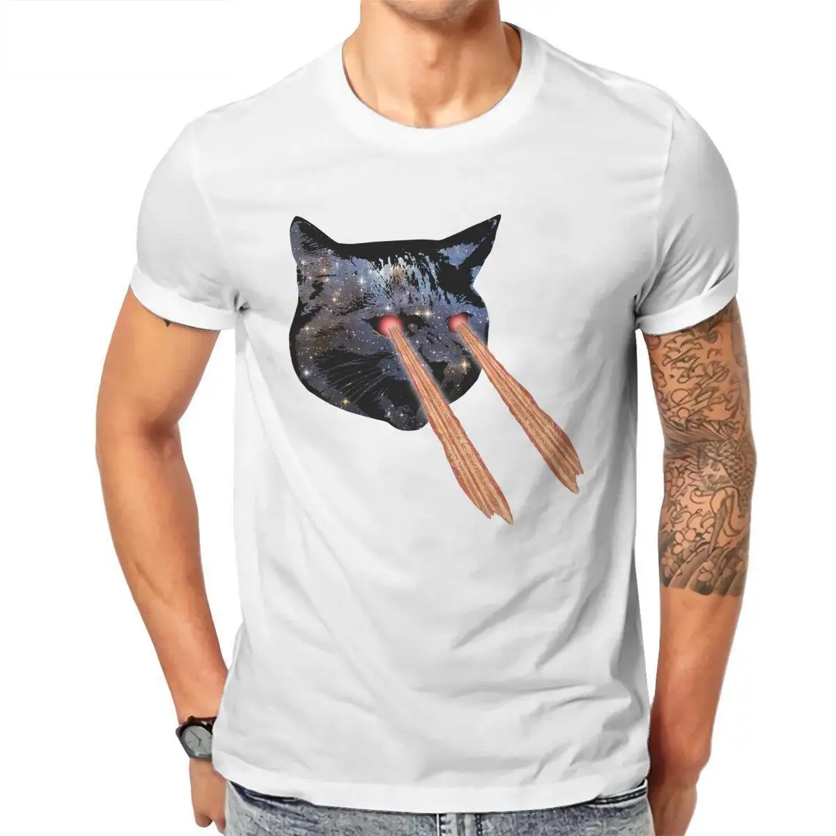 Cat Bacon Lasers  T Shirts Men Cotton Amazing T-Shirts O Neck  Tee Shirt Short Sleeve Tops Gift Idea