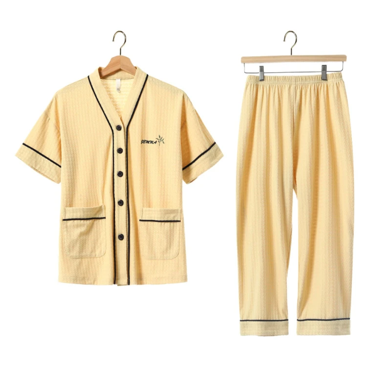 2023new Summer Pajamas for Women's Thin Pure Cotton Cardigan Short-sleeved Nine-point Pants Casual Home Service Suit with V-neck