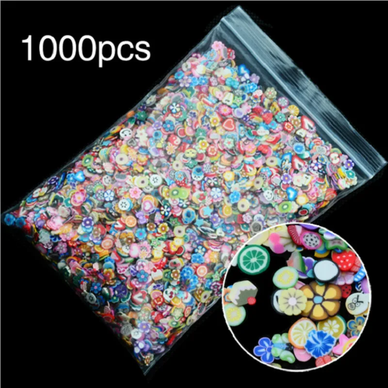 1000 Pcs/pack Nail Art Fruit Flowers Feather DIY Design Slices Decoration Acrylic Beauty 3D Polymer Clay Nail Sticker Tool 10g