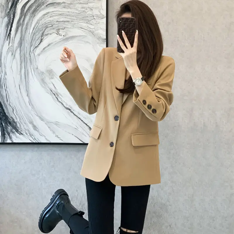 Women Khaki Chic Small Blazers Pockets Niche Loose Tops Femme Veste Autumn Casual Blazer Suit Solid Jacket Coat Female Outerwear
