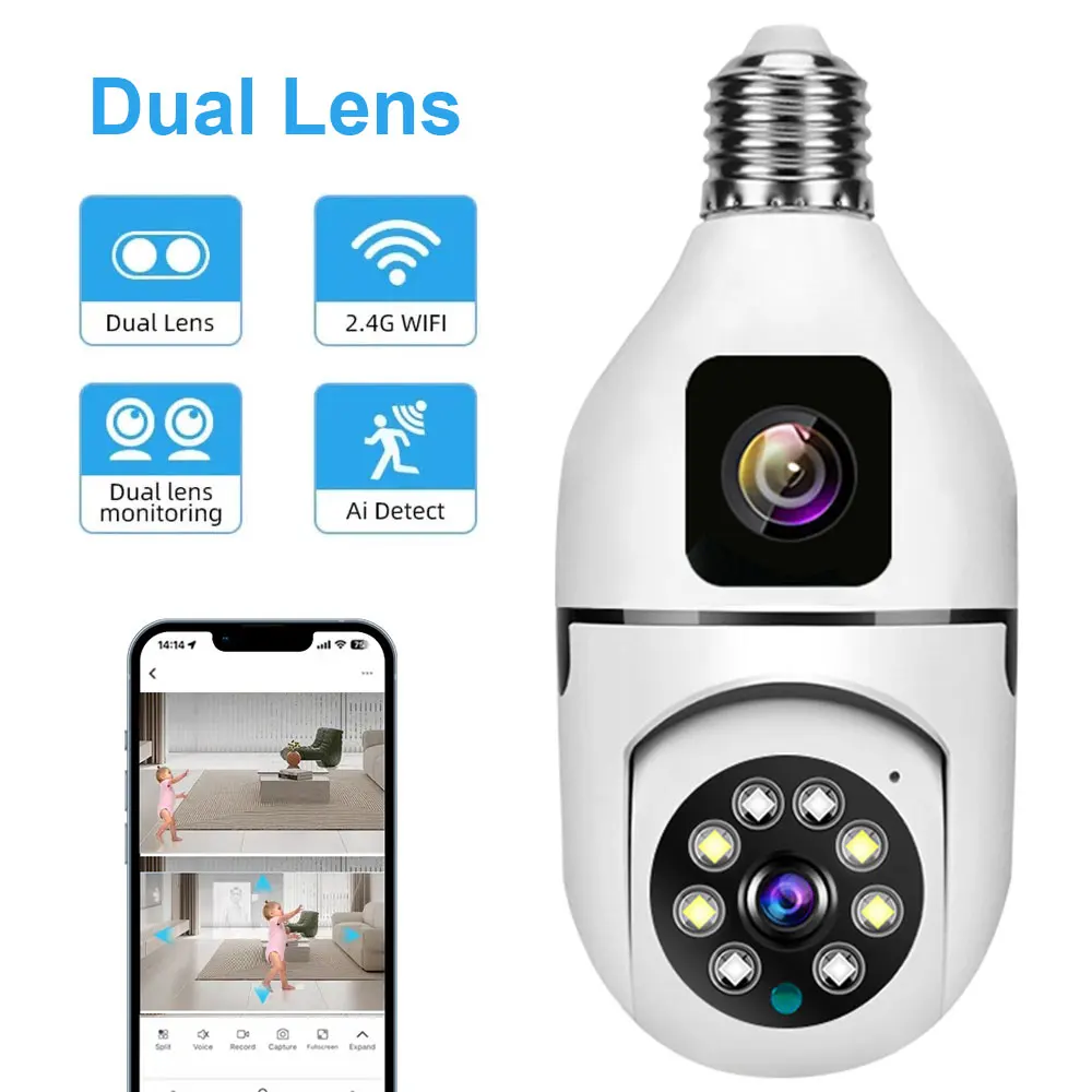 

Wifi IP Camera Bulb Dual Lens with Dual Screen Auto Tracking Ai Human Detect CCTV Indoor Surveillance Lamp Camera V380 Pro APP