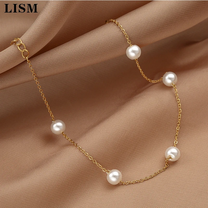 LISM 316L Stainless Gold Color Artificial Pearl Anklets For Women Girls Ankle Set On Leg Chain Barefoot Jewelry Elegant Gifts