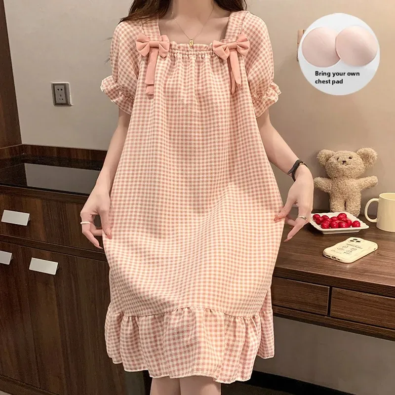 Женское платье для сна из хлопковой пены с короткими рукавами и квадратным