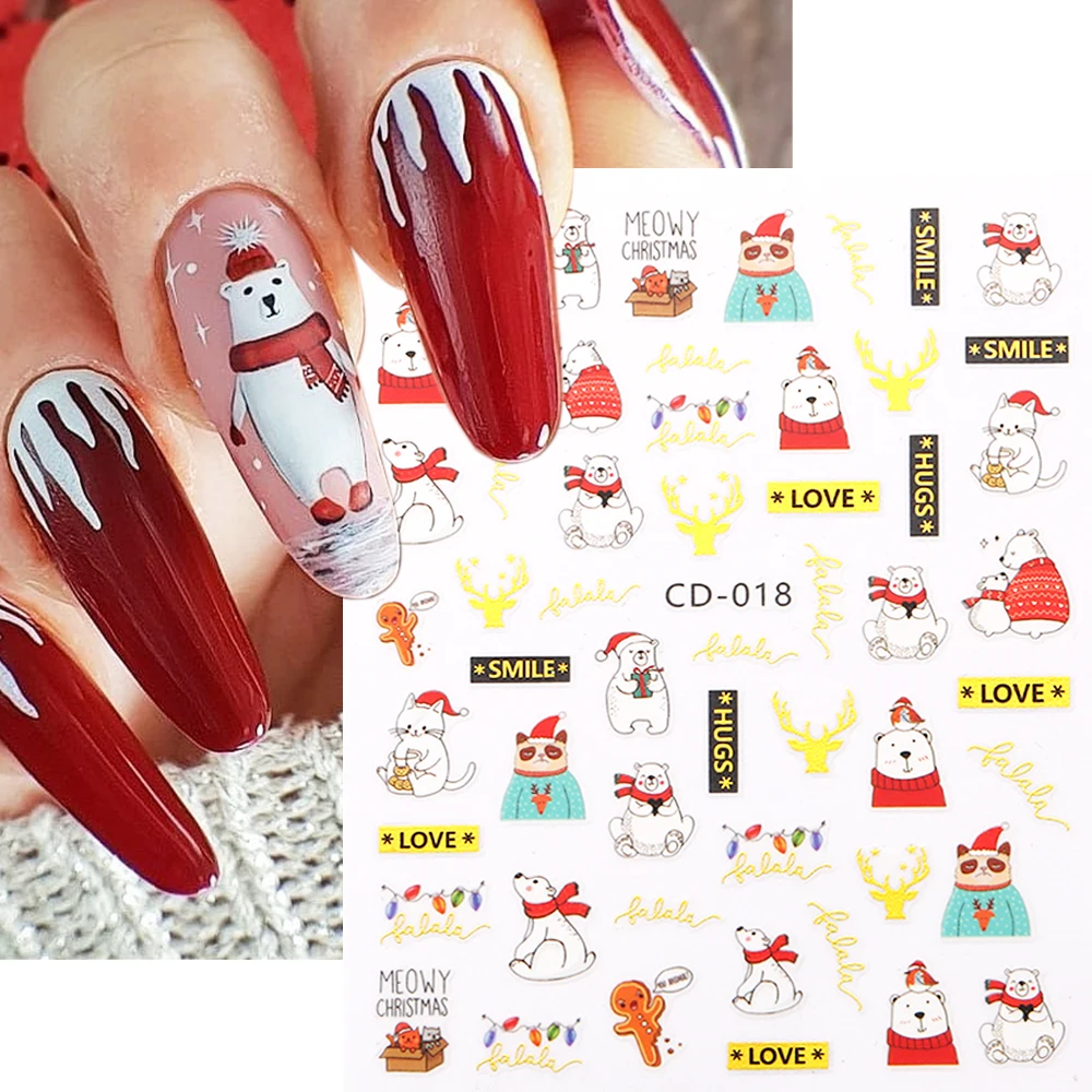 Милые наклейки для ногтей медведь, коты наклейки на ногти, зимнее Рождественское украшение, новогодние наклейки, красочные снежинки, 3D мульт слайдеры, золотые буквы, наклейки для маникюра