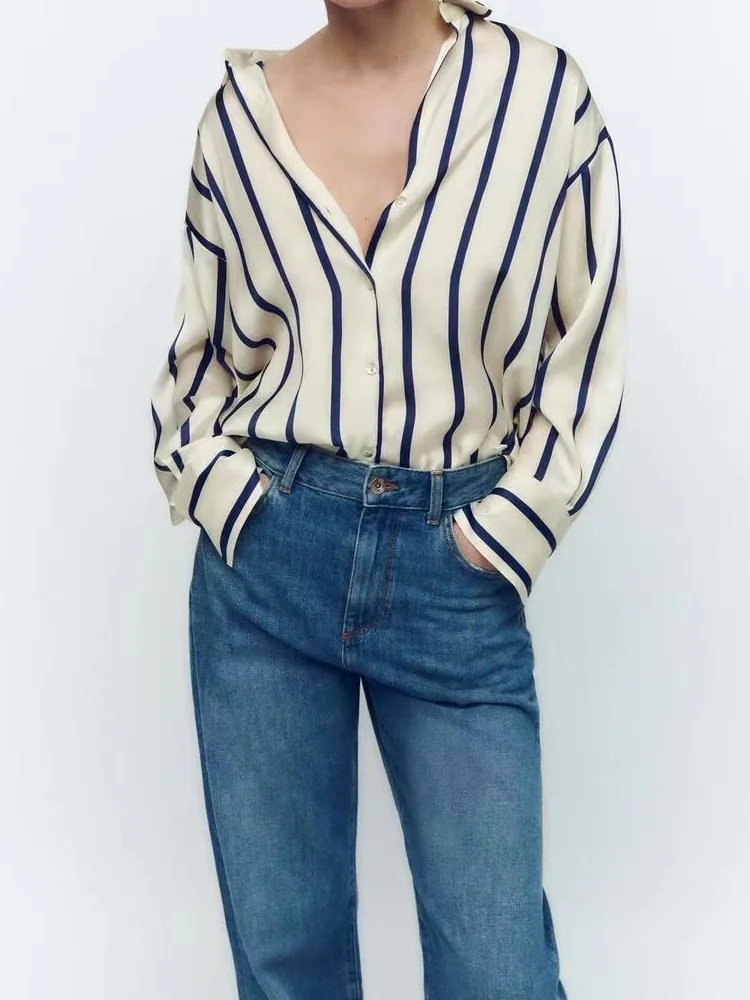 RDMQ 2023 Women Fashion Oversized Striped Shirts Vintage Long Sleeve Front Button Female Blouses Blusas Chic Tops