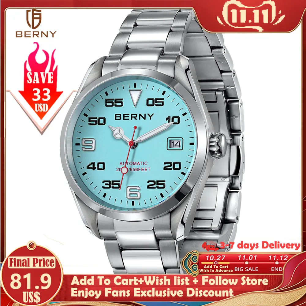 BERNY 20ATM Waterproof SEIKO NH35 Men Watch Mechanical Wristwatch Male Auto Date Stainless Steel Fashion Automatic Watch For Men