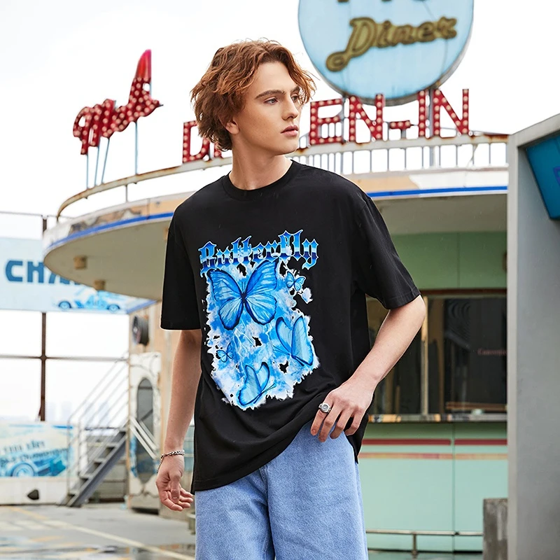 

GOODBOYS Mens Butterfly T-shirts Black Streetwear Graphic Hip Hop tshirts Unisex Cotton Tees