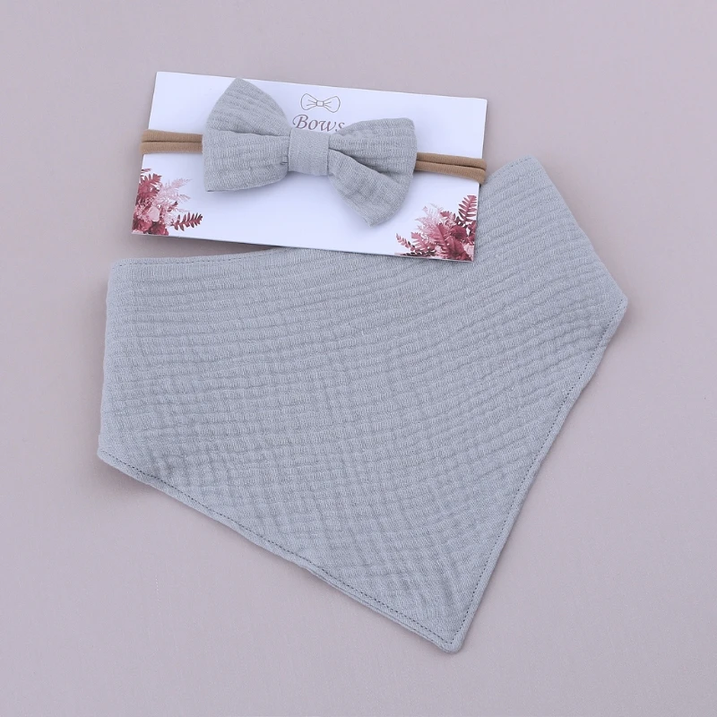 

Baby Girls Elastic Bow Headband Saliva Towel Set Newborn Bowknot Hair Band Bib