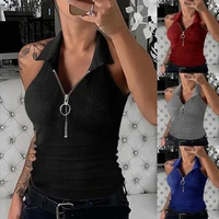 sexy womens 2022 spring and summer new stitching solid color pit strip lapel zipper slim vest fashion casual plus size t shirt