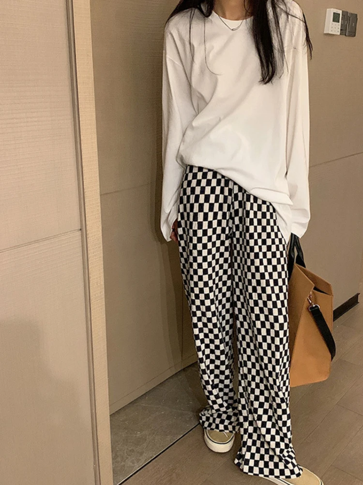 

Женские брюки Y2k, шикарные шахматные брюки в Корейском стиле, прямые широкие мешковатые брюки, Женская плиссированная одежда с высокой талией