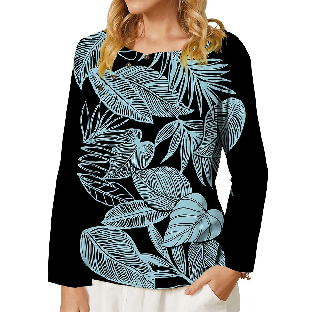 

CLOOCL Women T-shirt Hawii Simple Leaves Graphics 3D Printed Tee Button Decorate Long Sleeve Tops Female Oversized Clothes