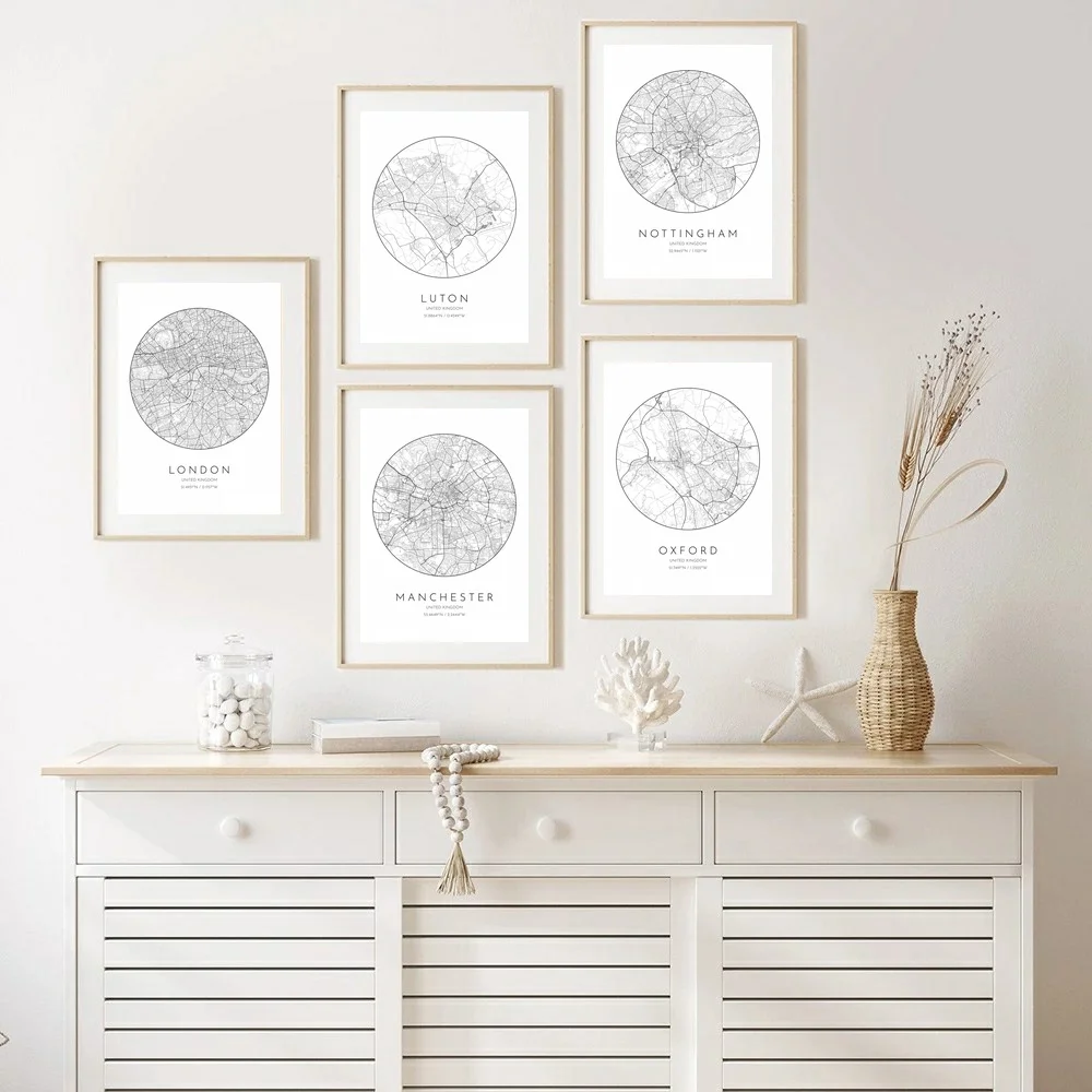 Лондонское Великобритания, Лутон, Манчестер, Ноттингем, Оксфорд, Престон Минималистичная Карта города холст плакат печать домашний декор нерамка