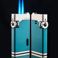 windproof wheel blue double fire lighter creative personality butane gas flint ignition lighter visible gas box adjustable flame