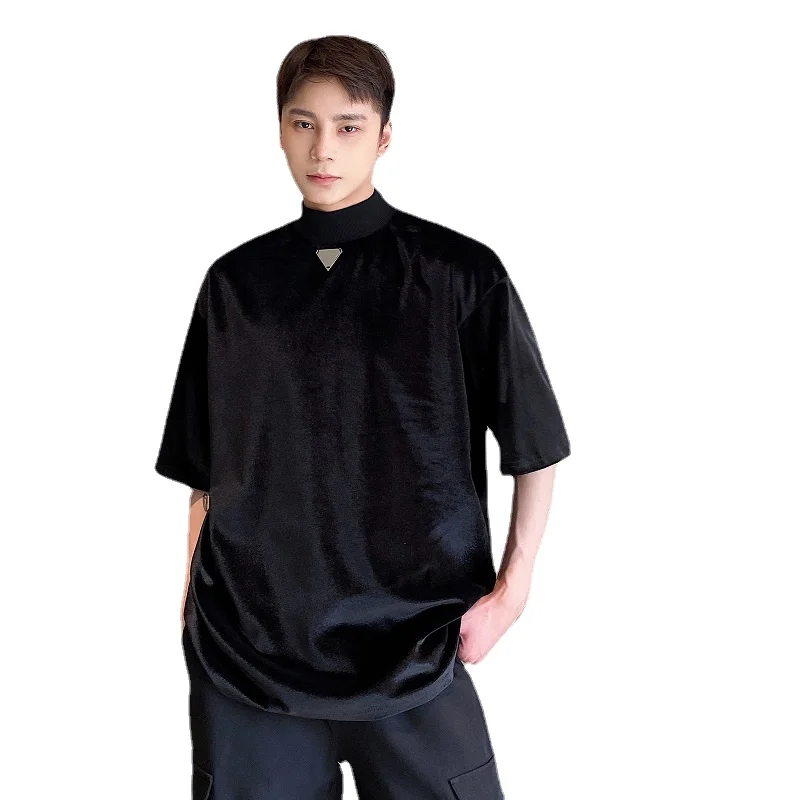 

Summer Velvet Stand Collar Metal Triangle Short Sleeve Men's T-Shirt Male Japan Korean Streetwear Vintage Tees Shirts Tshirts