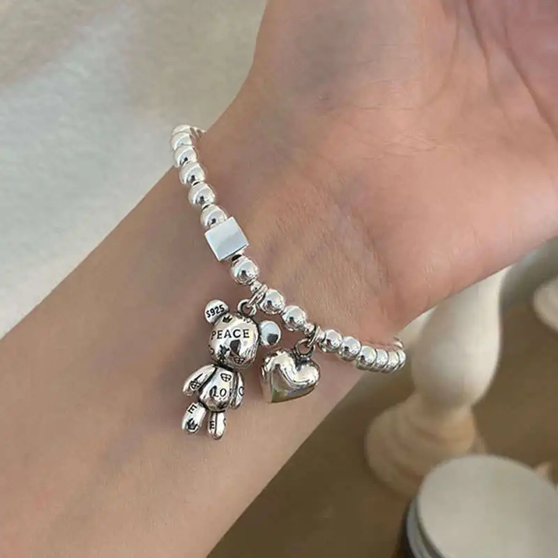 New Arrival Trendy Bear Animal & Love Heart Vintage Thai Silver Ladies Charm Bracelets Jewelry For Women Birthday Gifts Cheap