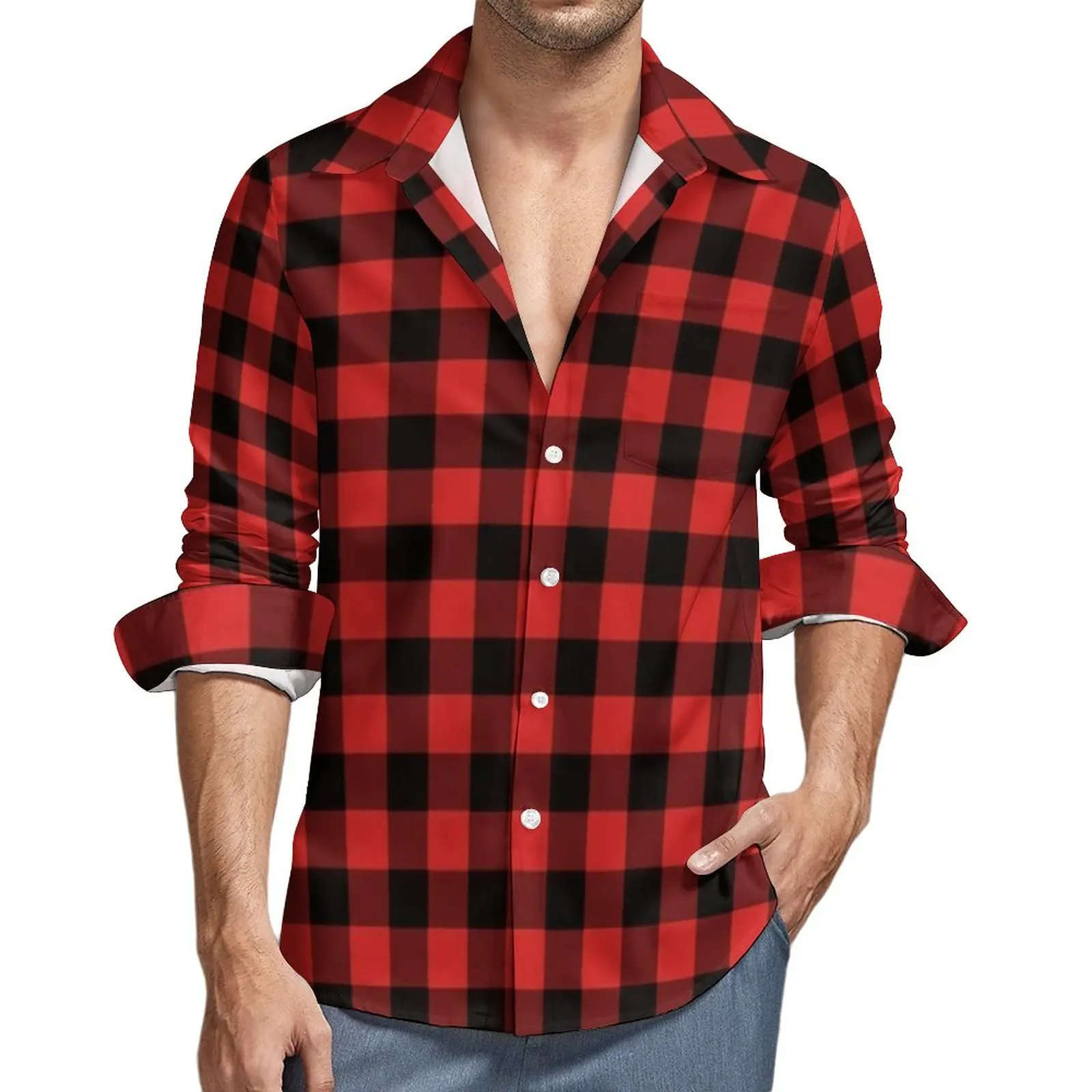 

Vintage Plaid Shirt Spring Red Black Checkered Casual Shirts Men Retro Blouses Long Sleeve Custom Stylish Clothing Plus Size