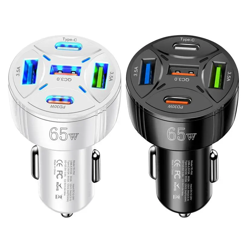 

Fast Charge Hub 65W 5-Port Car Charger with 3 USB + 2 PD automotive Charger Adapter USB C Charging Block Station Car Accessories