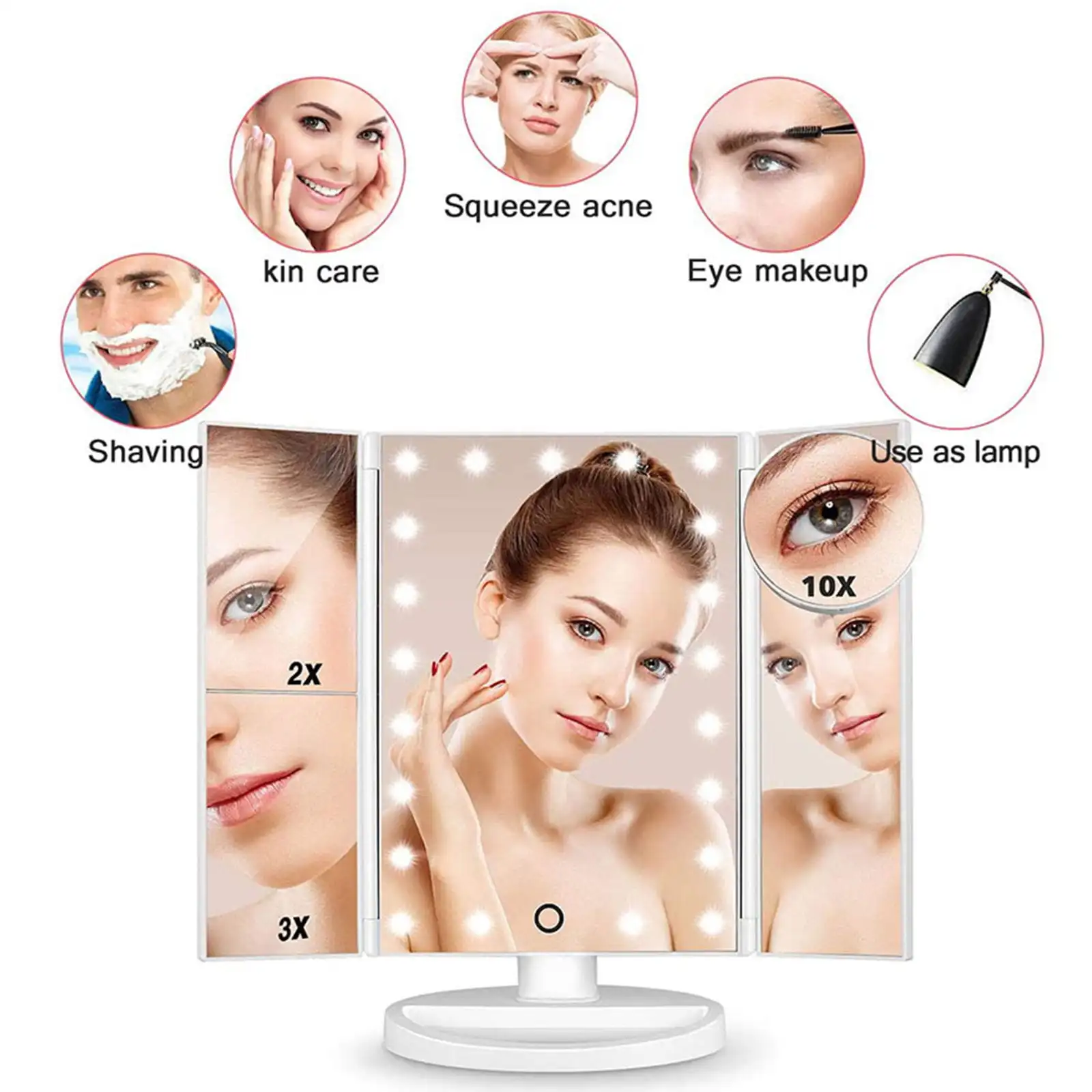 

Makeup Vanity Mirror with 22 LED Lights, 1x 2X 3X 10X Magnification, Lighted Makeup Mirror, Touch Control, Trifold Makeup Mirror