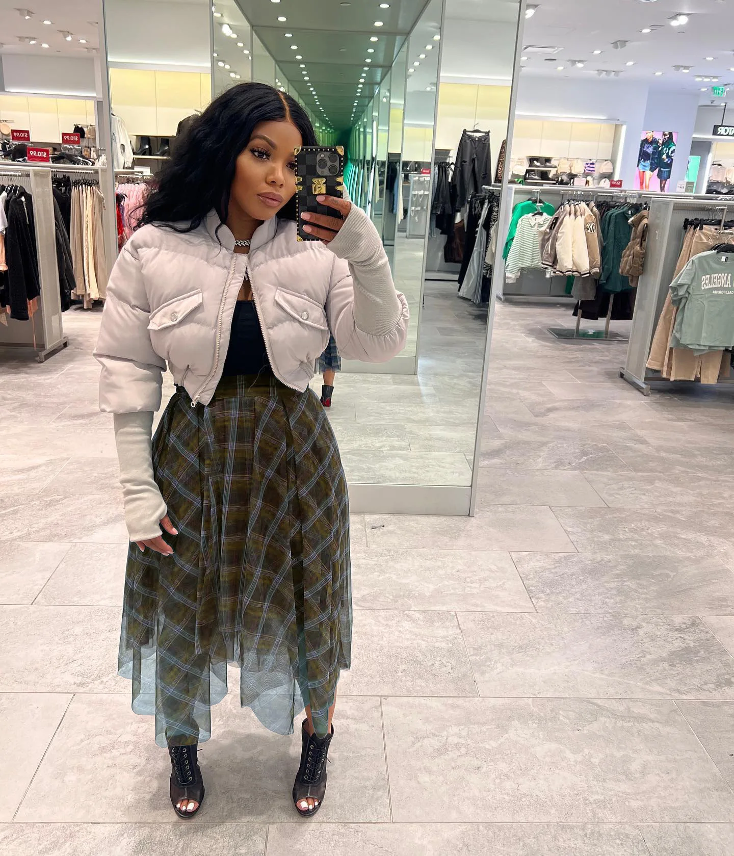 

Plaid Mesh Skirt Female High Waist Irregular Hit Color Loose Midi Skirt Women Autumn New Clothes