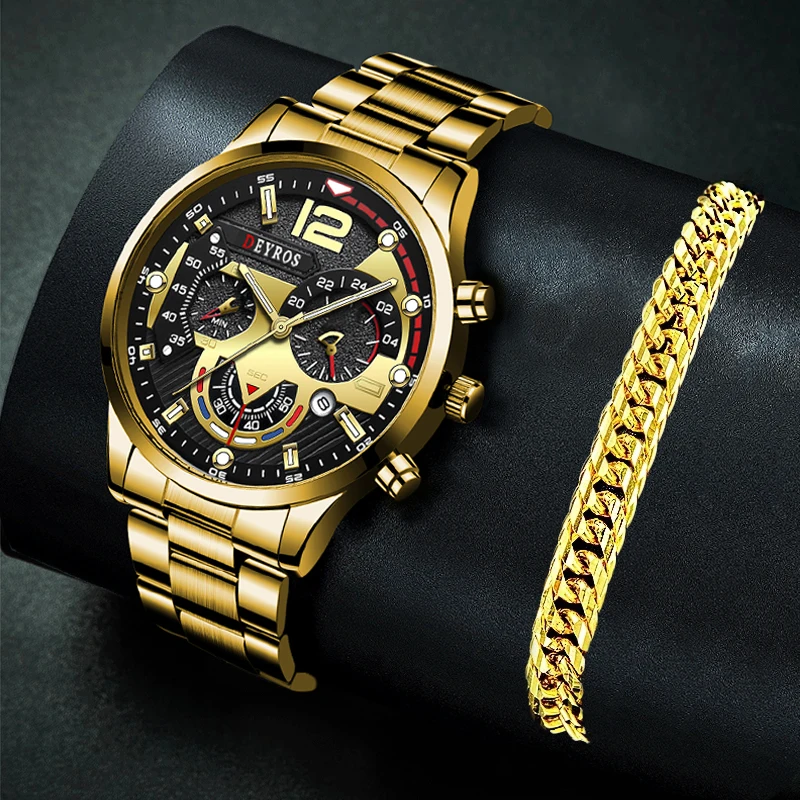 

Relogio Luxury Mens Watches Gold Stainless Steel Quartz Calendar Watch For Men Business Luminous Leather Male Bracelet Clock